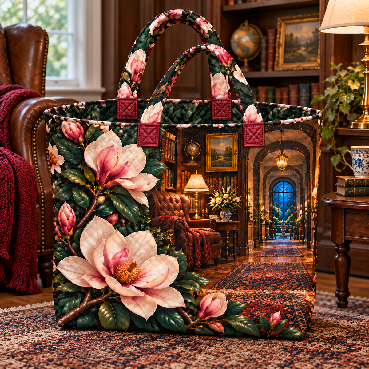 Magnolia Quiet Corner Quilted Tote Bag with printed optical 3D artwork in its use setting