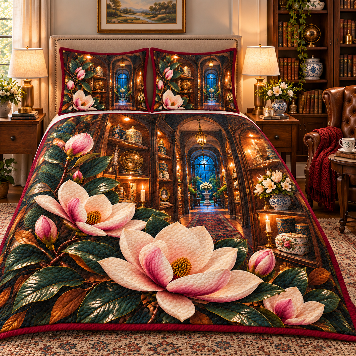 Magnolia Birthday Keepsake Quilted Bedding Set with printed optical 3D artwork in its use setting