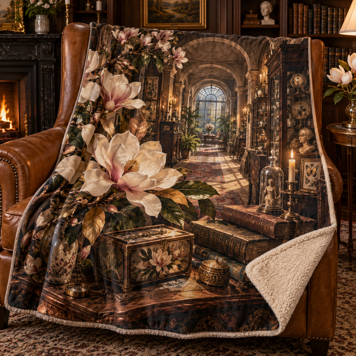 Magnolia Birthday Keepsake Sherpa & Fleece Blanket with printed optical 3D artwork in its use setting