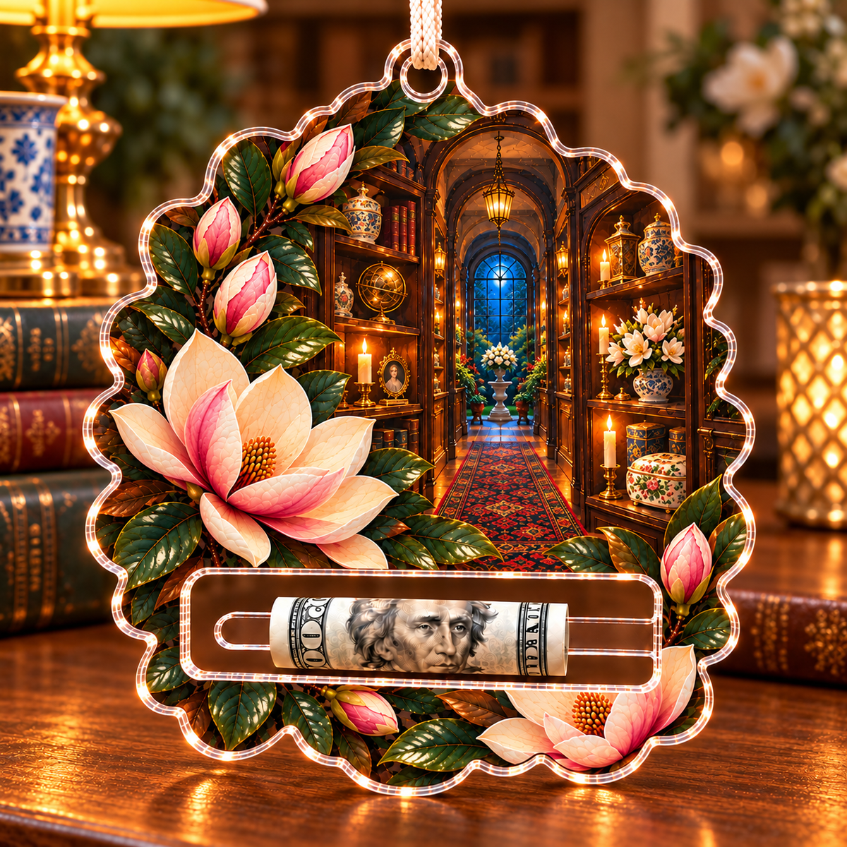 Magnolia Birthday Keepsake Acrylic Cash Holder Ornament with printed optical 3D artwork in its use setting