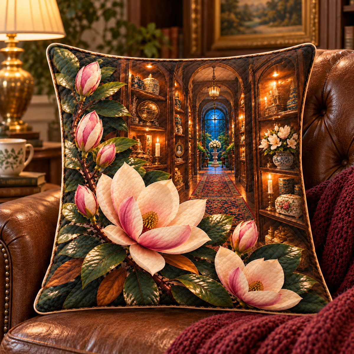 Magnolia Birthday Keepsake Quilted Cushion Cover with printed optical 3D artwork in its use setting