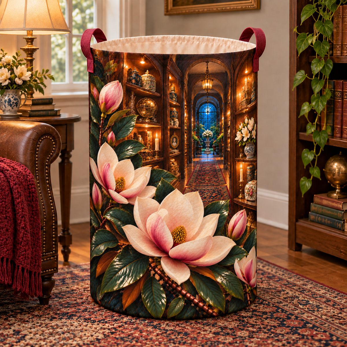 Magnolia Birthday Keepsake Laundry Hamper with printed optical 3D artwork in its use setting