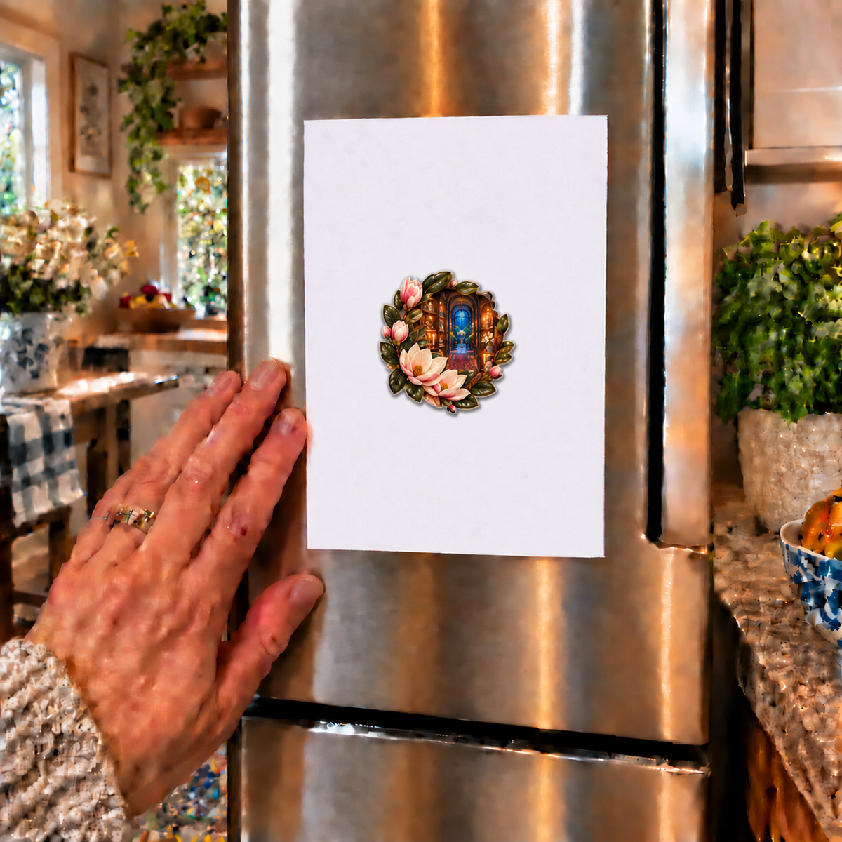 Magnolia Birthday Keepsake Acrylic Refrigerator Magnet with printed optical 3D artwork in its use setting
