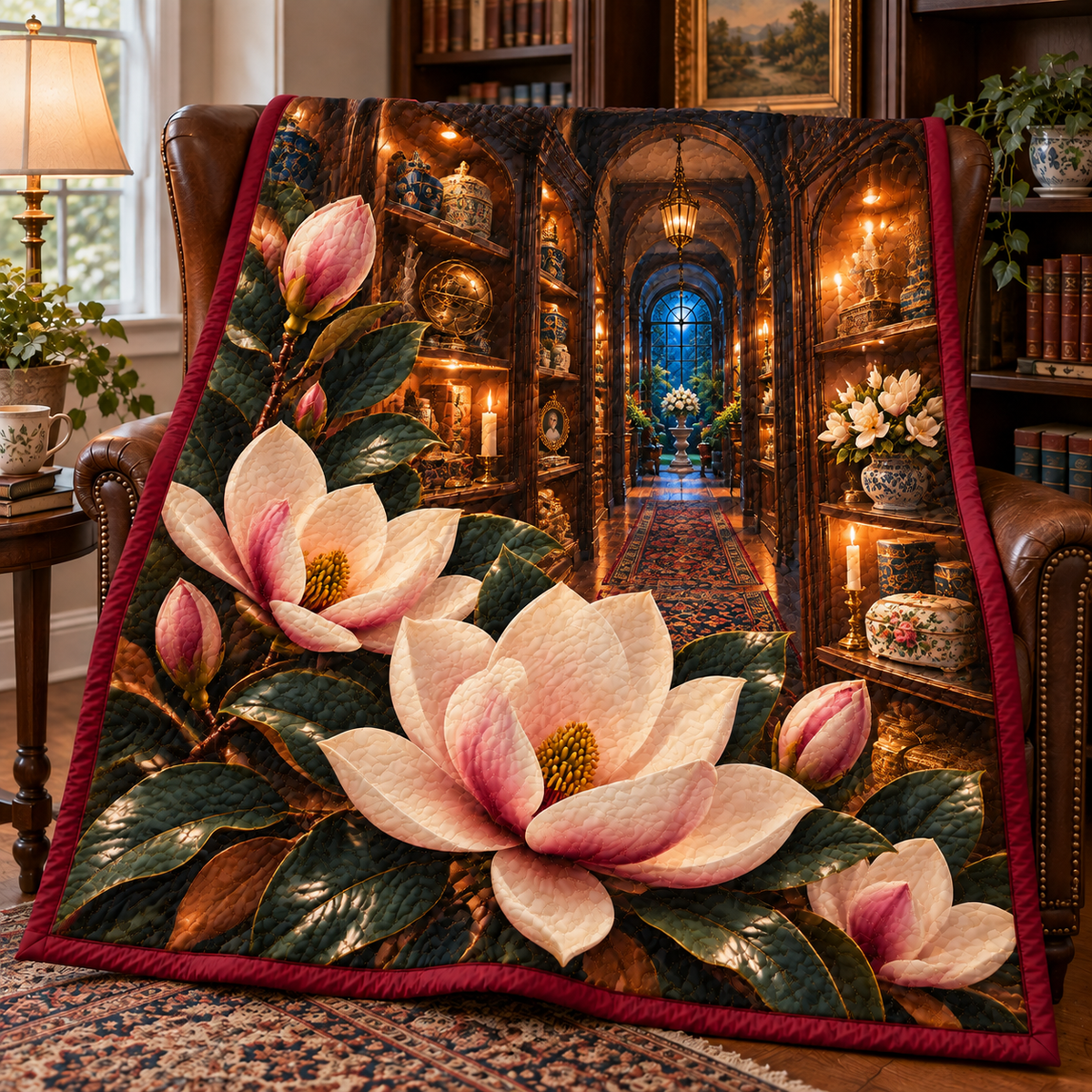 Magnolia Birthday Keepsake Quilt Blanket with printed optical 3D artwork in its use setting