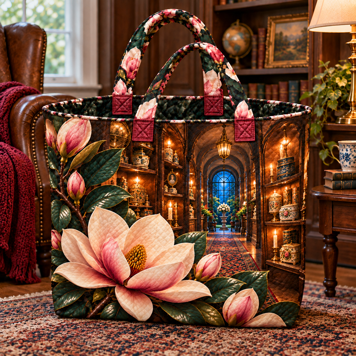 Magnolia Birthday Keepsake Quilted Tote Bag with printed optical 3D artwork in its use setting