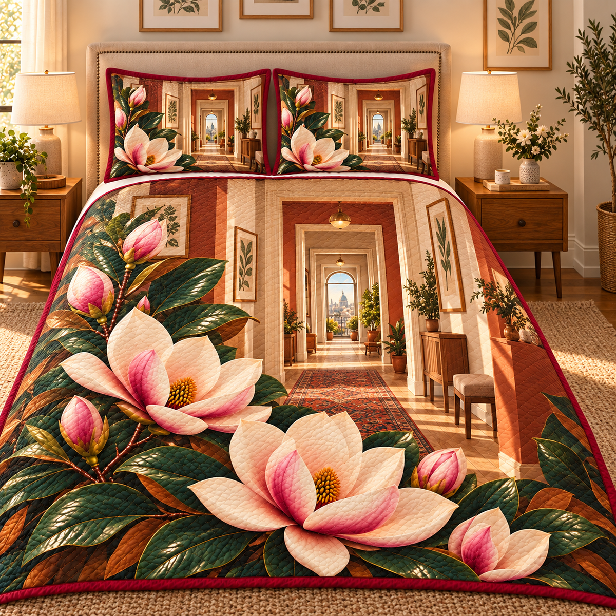 Magnolia Apartment Gallery Quilted Bedding Set with printed optical 3D artwork in its use setting