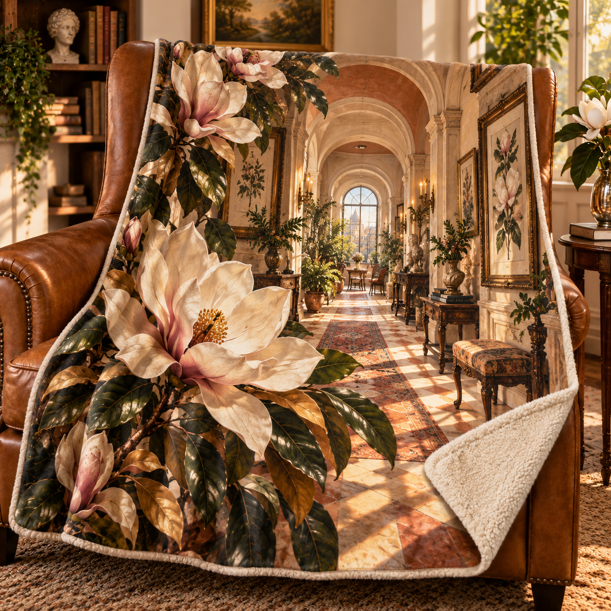 Magnolia Apartment Gallery Sherpa & Fleece Blanket with printed optical 3D artwork in its use setting