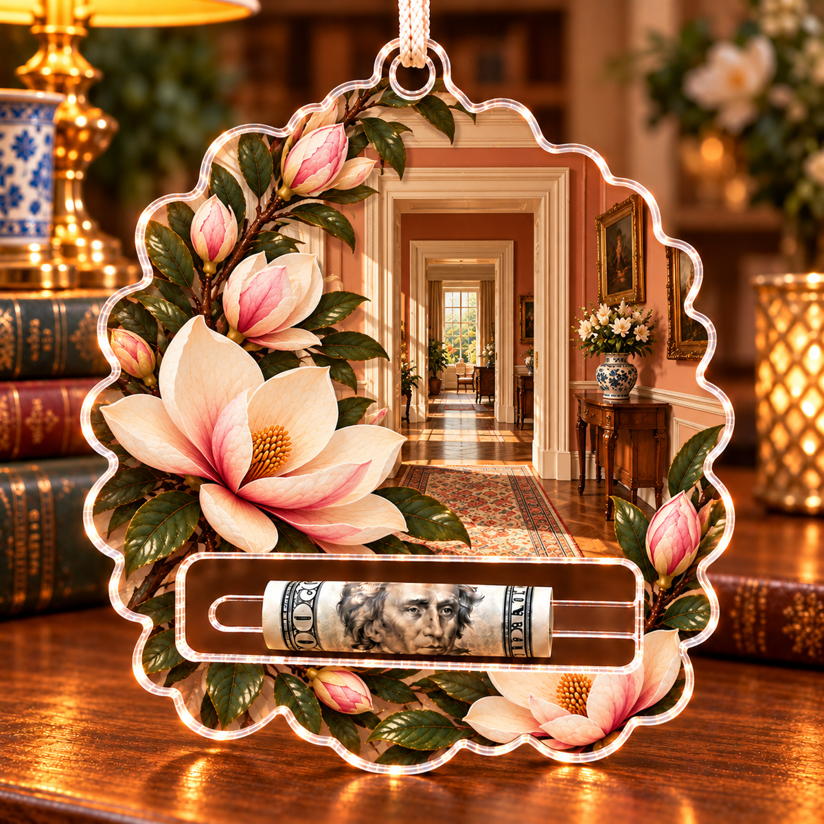 Magnolia Apartment Gallery Acrylic Cash Holder Ornament with printed optical 3D artwork in its use setting