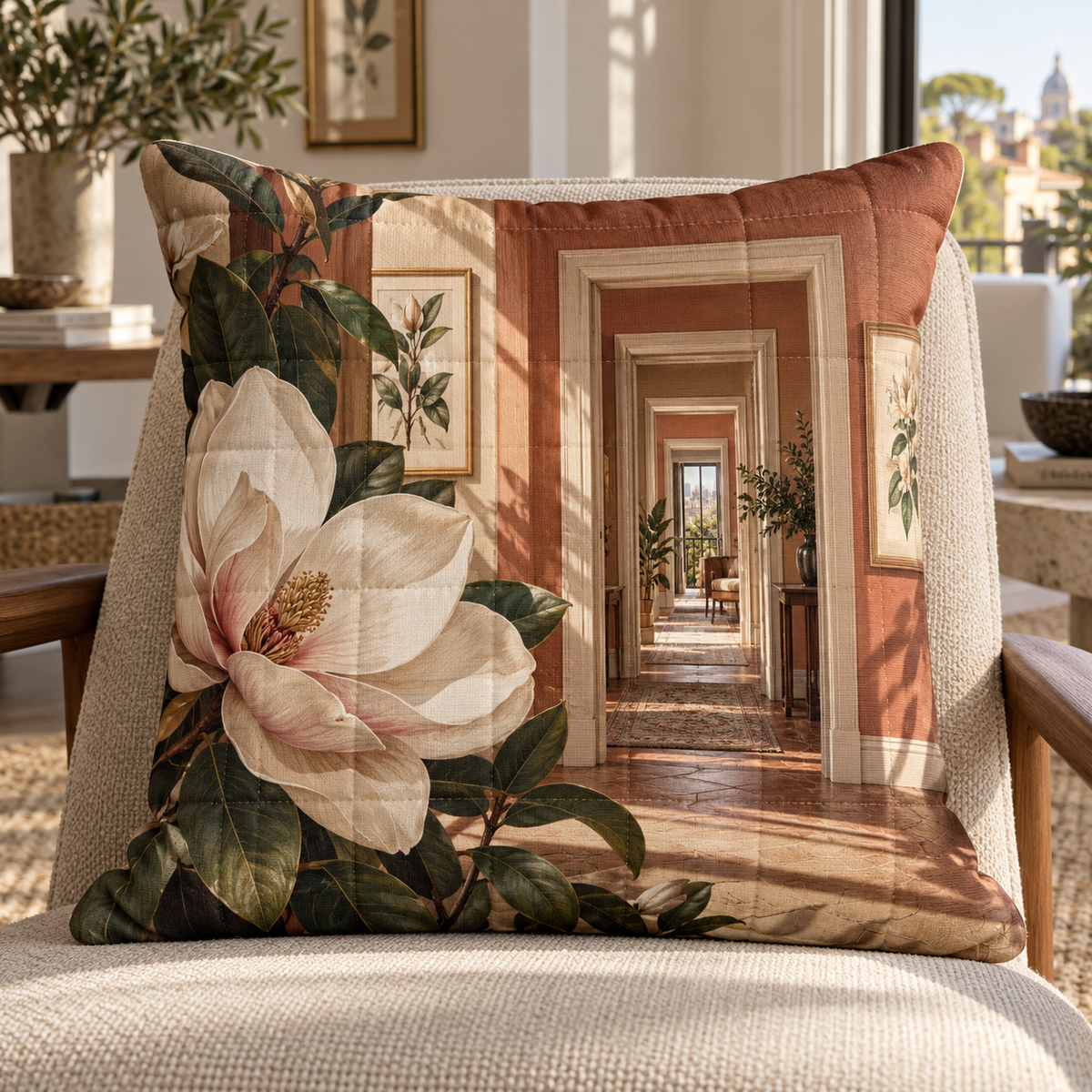 Magnolia Apartment Gallery Quilted Cushion Cover with printed optical 3D artwork in its use setting