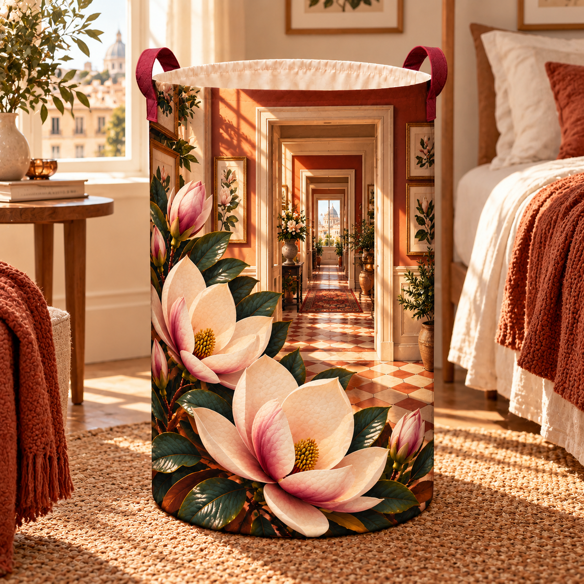 Magnolia Apartment Gallery Laundry Hamper with printed optical 3D artwork in its use setting