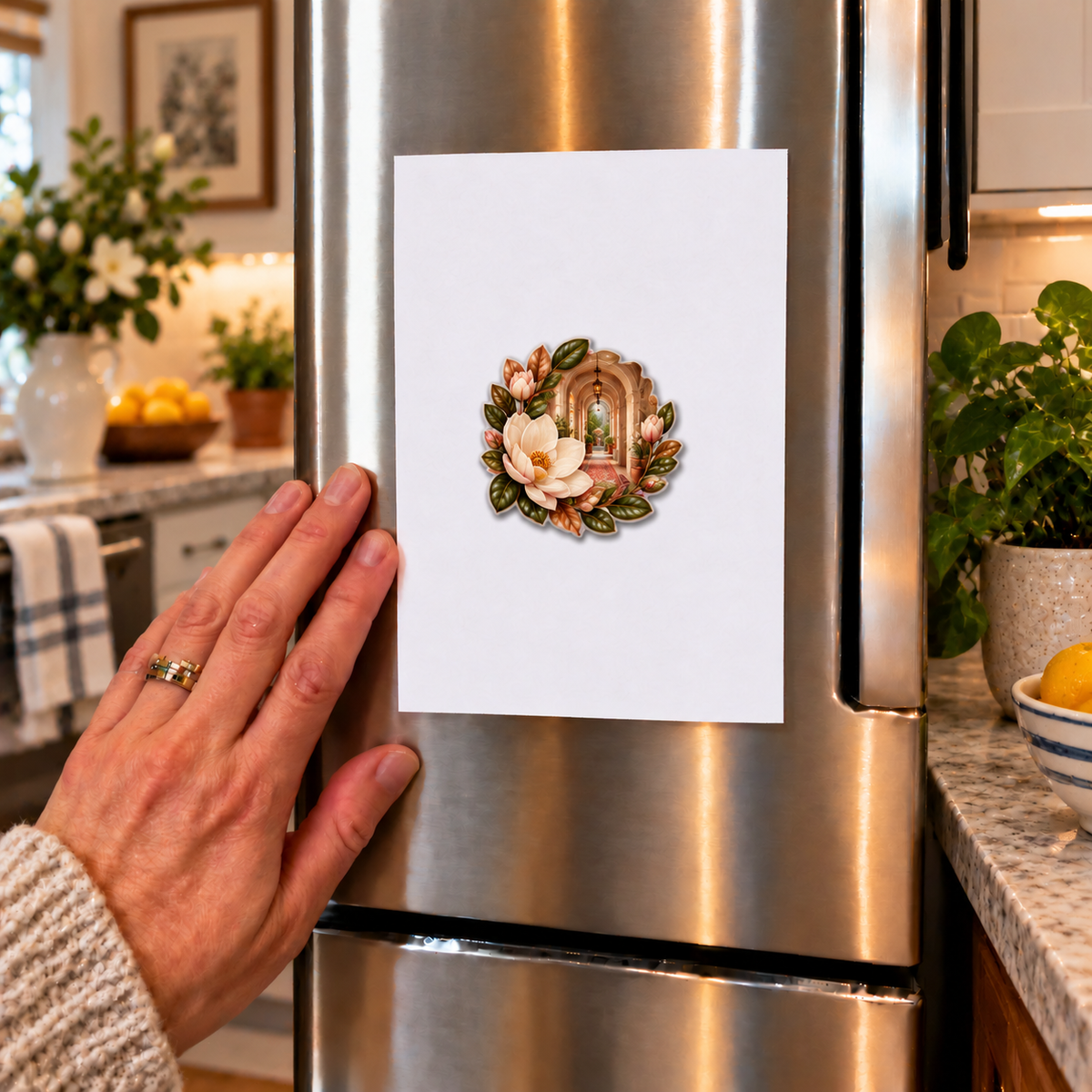 Magnolia Apartment Gallery Acrylic Refrigerator Magnet with printed optical 3D artwork in its use setting