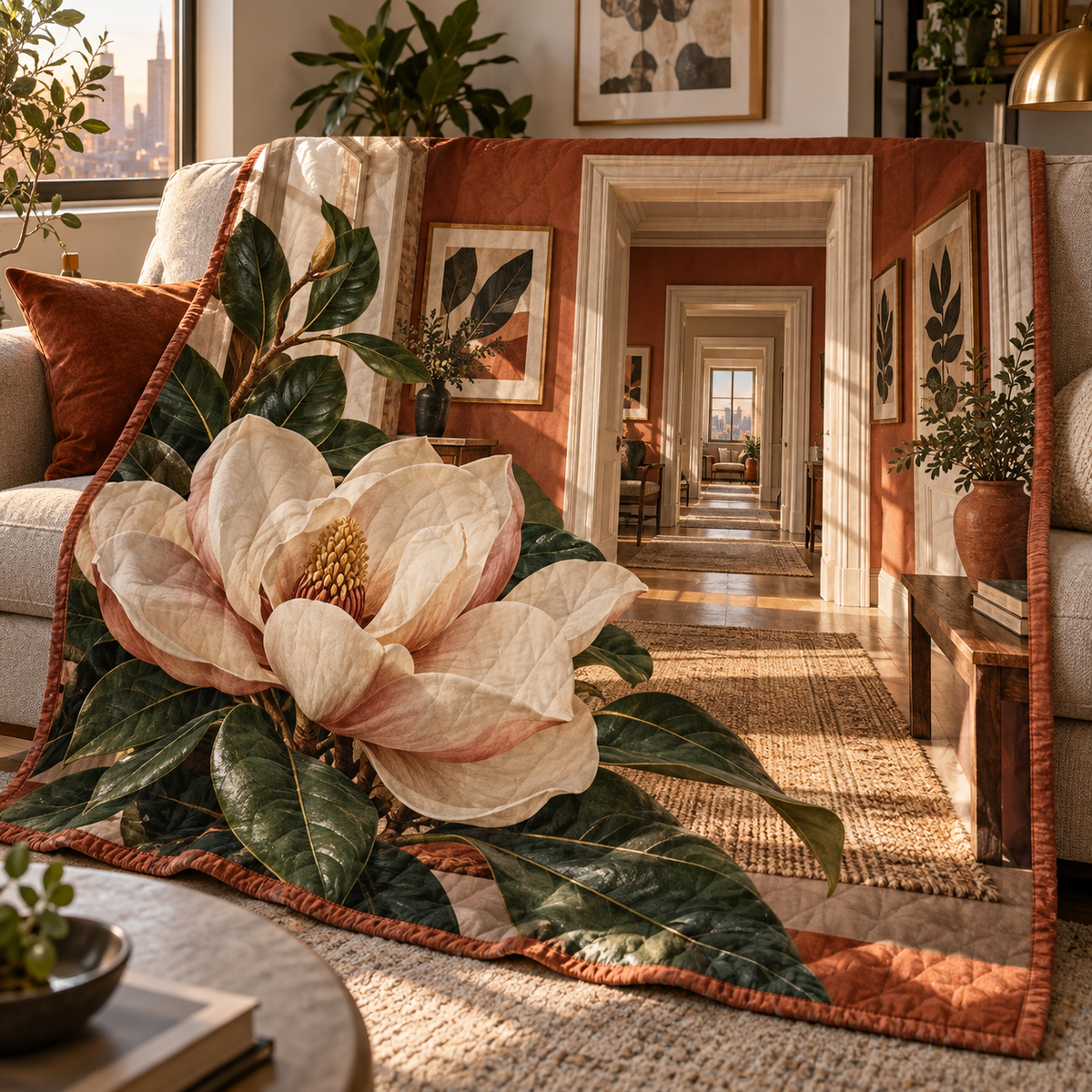 Magnolia Apartment Gallery Quilt Blanket with printed optical 3D artwork in its use setting