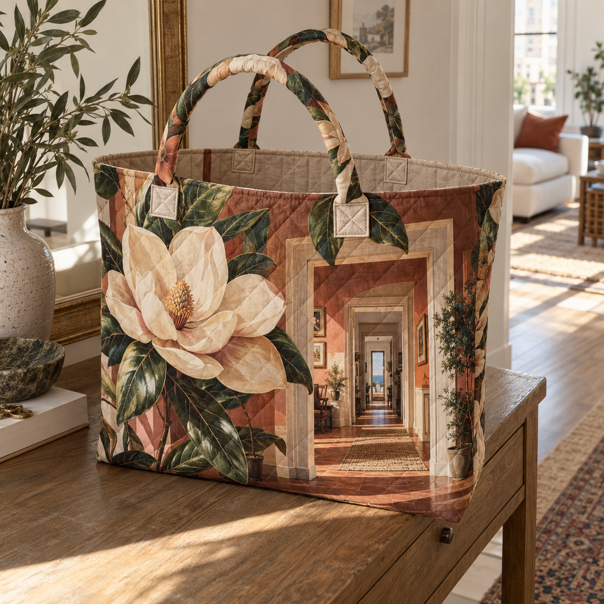 Magnolia Apartment Gallery Quilted Tote Bag with printed optical 3D artwork in its use setting