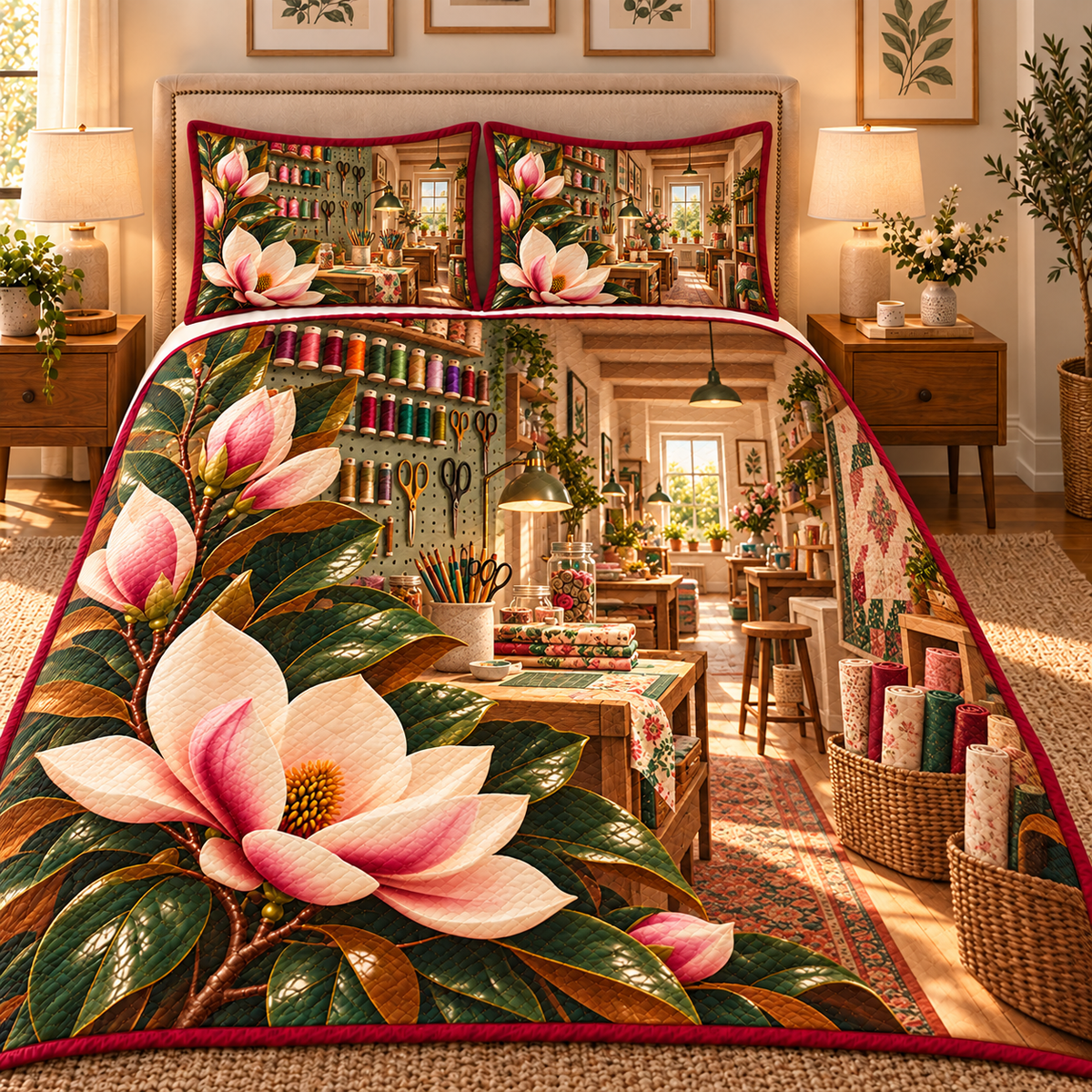 Magnolia Hobby Studio Quilted Bedding Set with printed optical 3D artwork in its use setting