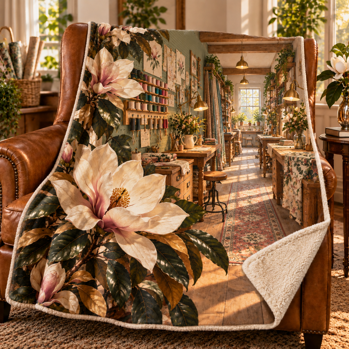 Magnolia Hobby Studio Sherpa & Fleece Blanket with printed optical 3D artwork in its use setting