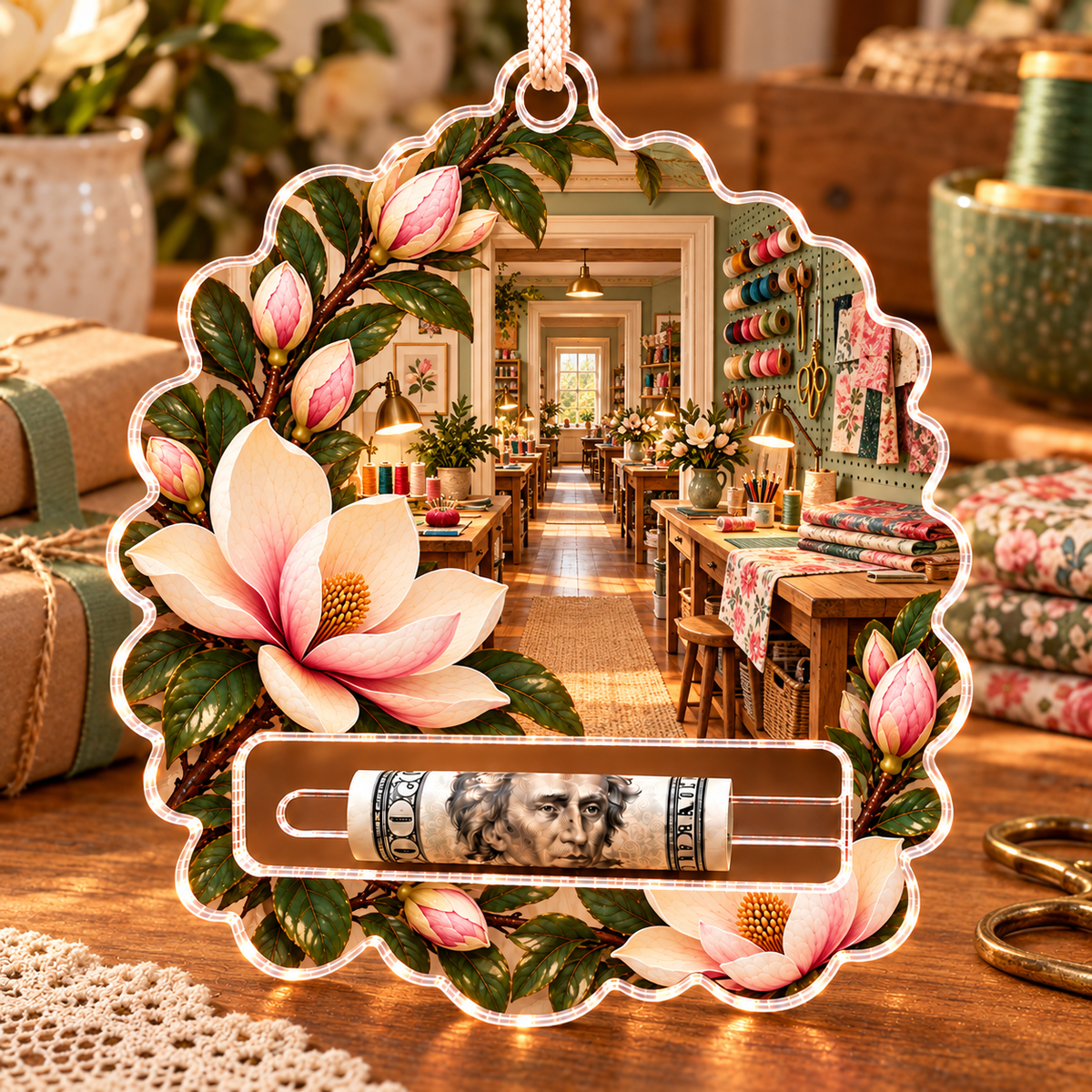 Magnolia Hobby Studio Acrylic Cash Holder Ornament with printed optical 3D artwork in its use setting