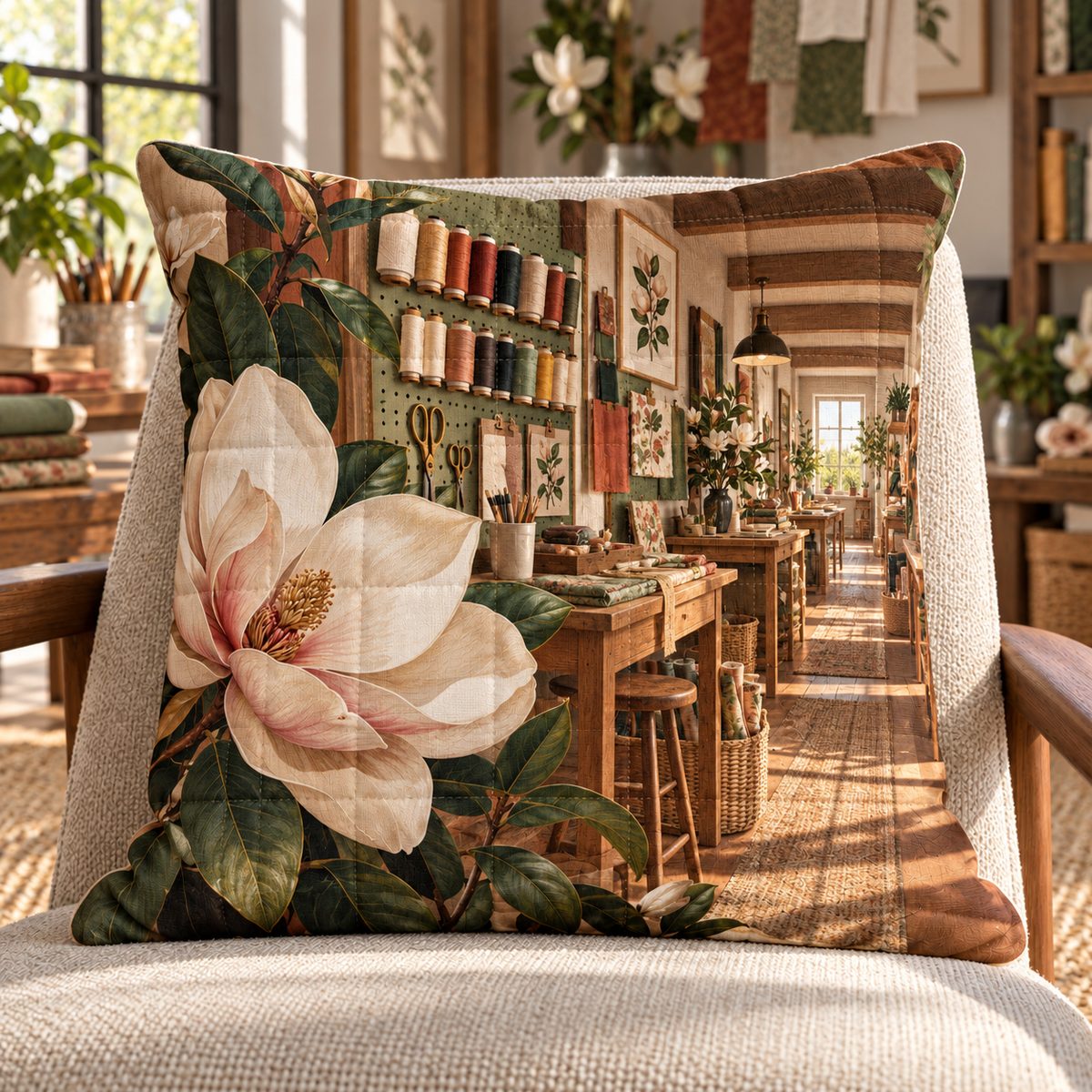 Magnolia Hobby Studio Quilted Cushion Cover with printed optical 3D artwork in its use setting