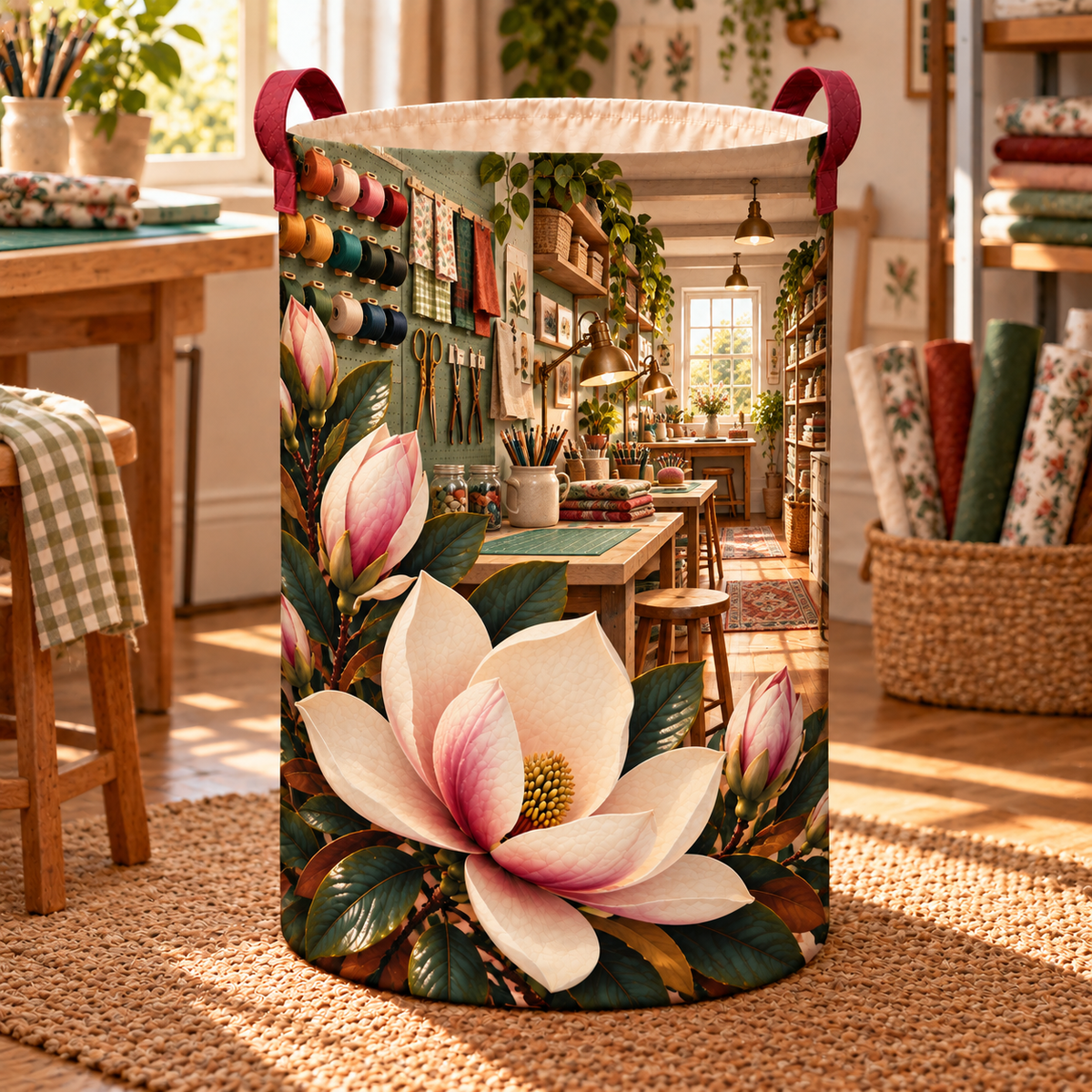 Magnolia Hobby Studio Laundry Hamper with printed optical 3D artwork in its use setting