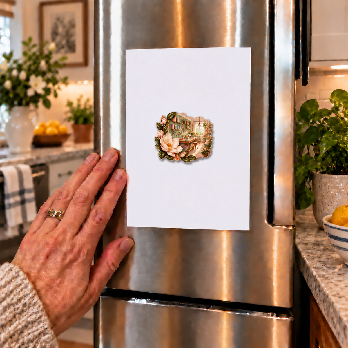 Magnolia Hobby Studio Acrylic Refrigerator Magnet with printed optical 3D artwork in its use setting