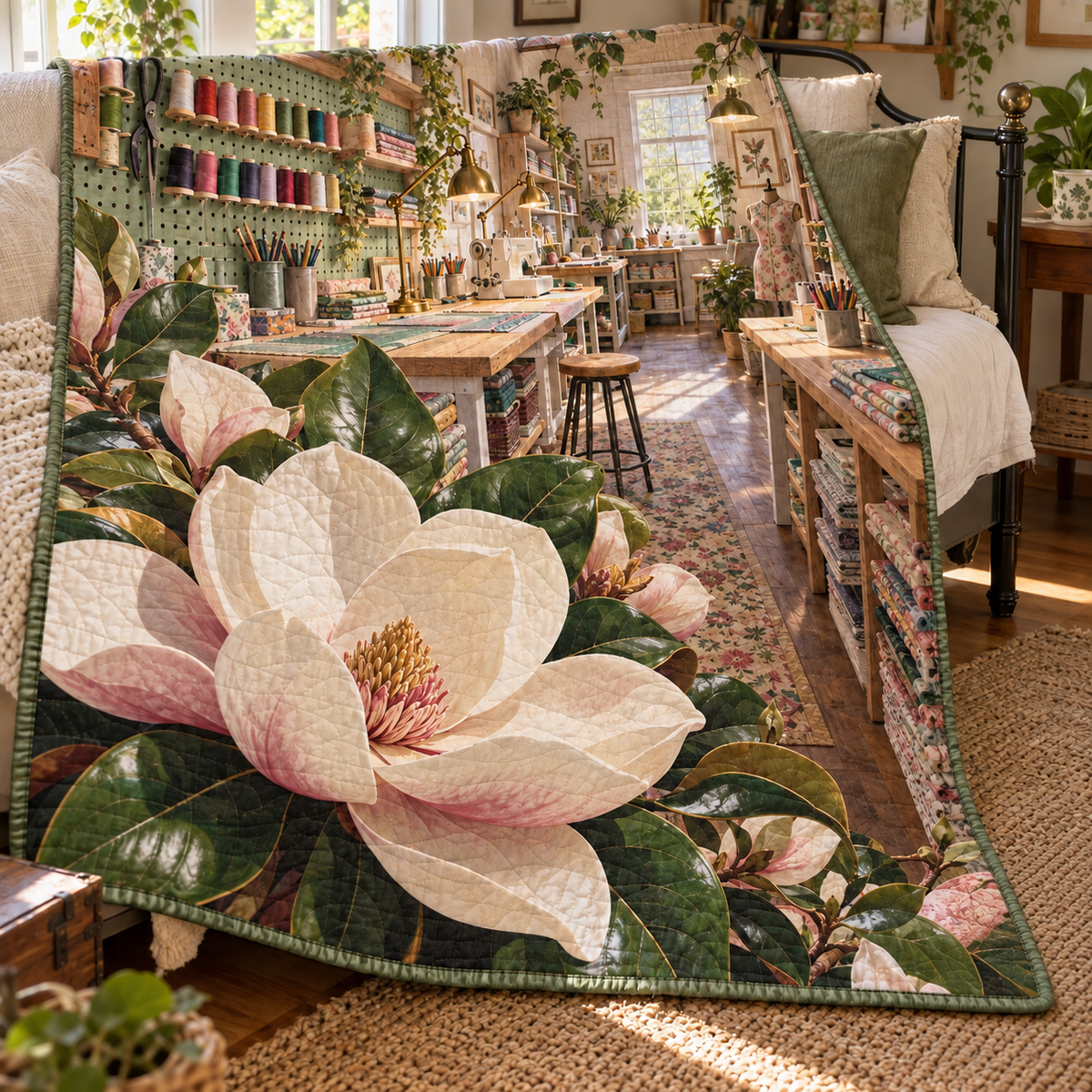 Magnolia Hobby Studio Quilt Blanket with printed optical 3D artwork in its use setting