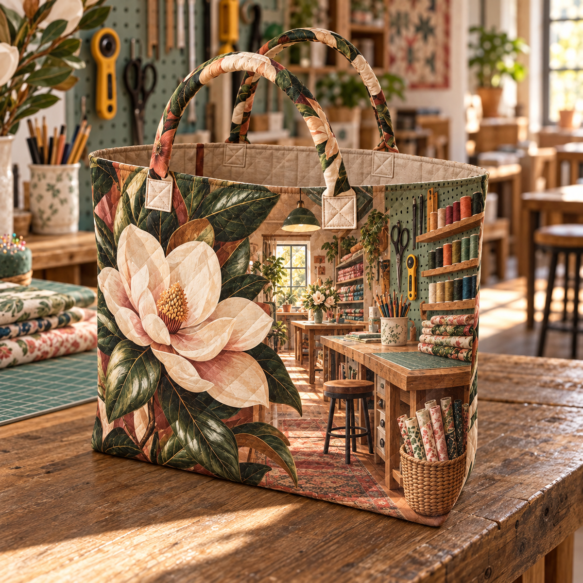 Magnolia Hobby Studio Quilted Tote Bag with printed optical 3D artwork in its use setting