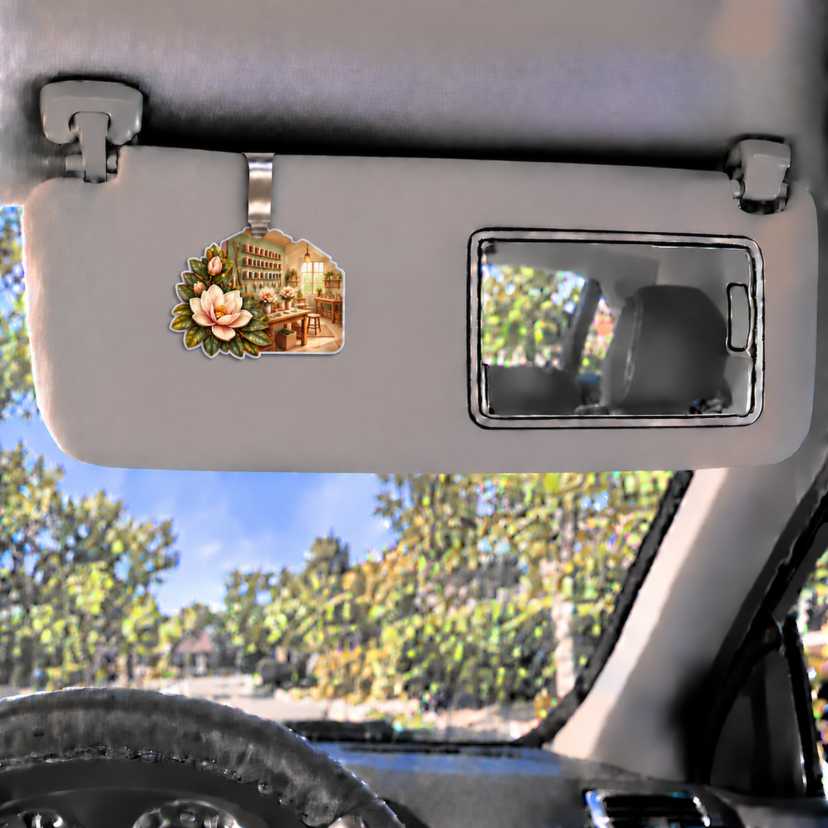 Magnolia Hobby Studio Holographic Car Visor Clip with printed optical 3D artwork in its use setting