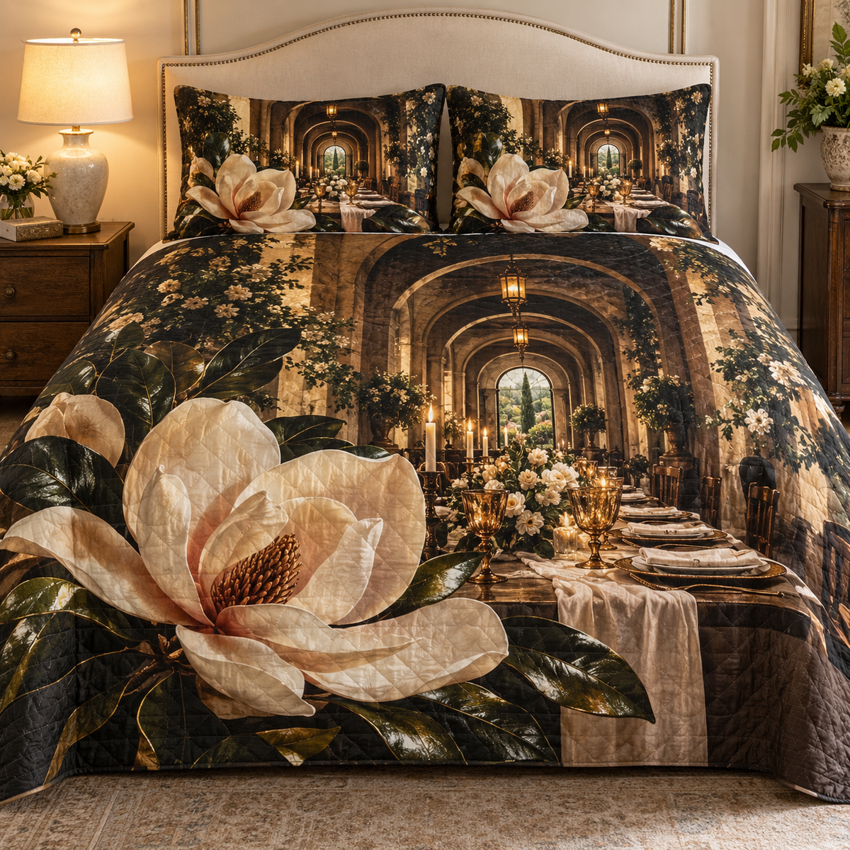 Magnolia Host Gift Quilted Bedding Set with printed optical 3D artwork in its use setting