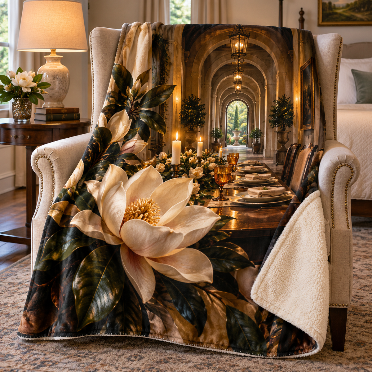 Magnolia Host Gift Sherpa & Fleece Blanket with printed optical 3D artwork in its use setting