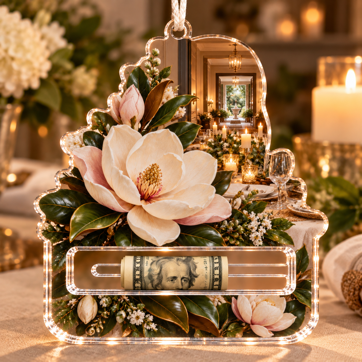Magnolia Host Gift Acrylic Cash Holder Ornament with printed optical 3D artwork in its use setting