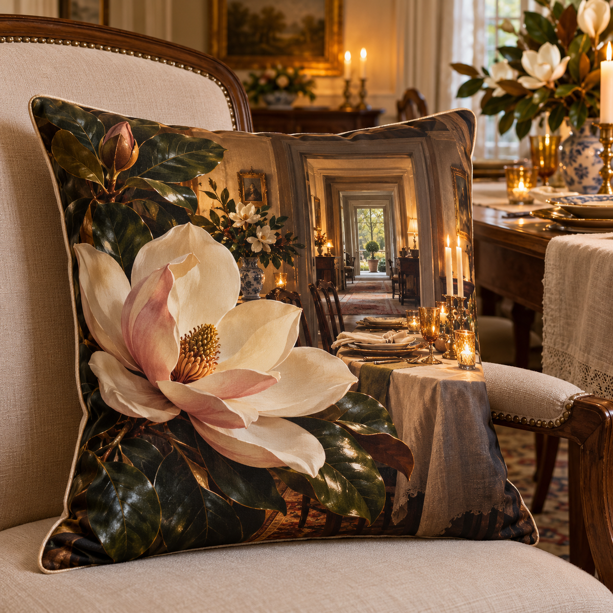 Magnolia Host Gift Quilted Cushion Cover with printed optical 3D artwork in its use setting