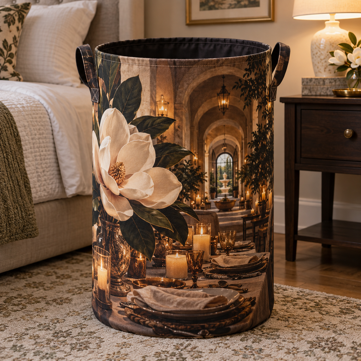 Magnolia Host Gift Laundry Hamper with printed optical 3D artwork in its use setting