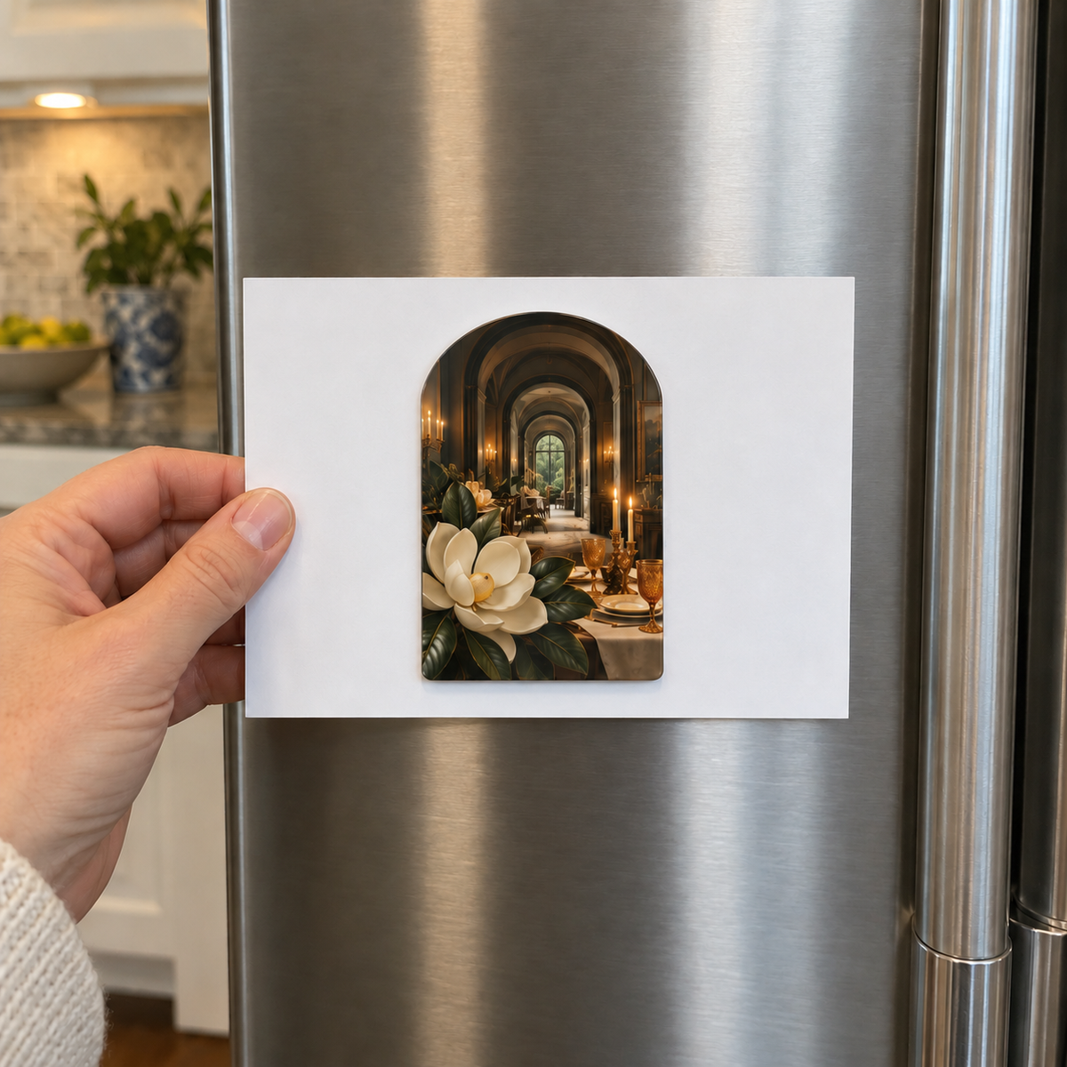 Magnolia Host Gift Acrylic Refrigerator Magnet with printed optical 3D artwork in its use setting