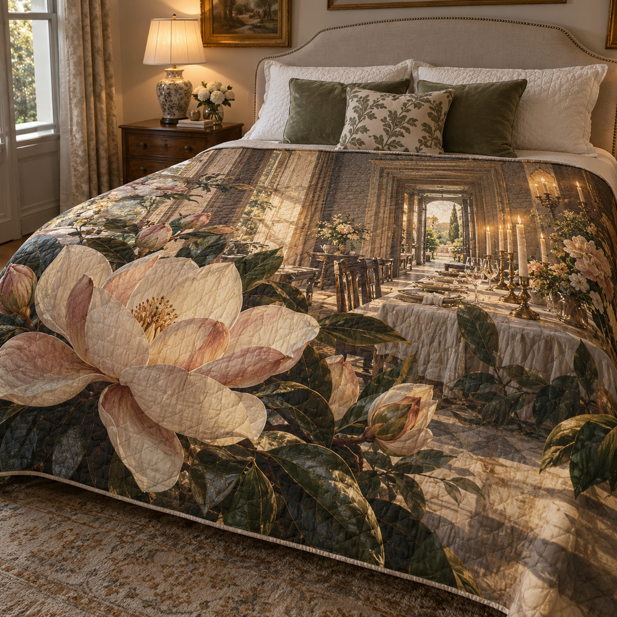 Magnolia Host Gift Quilt Blanket with printed optical 3D artwork in its use setting