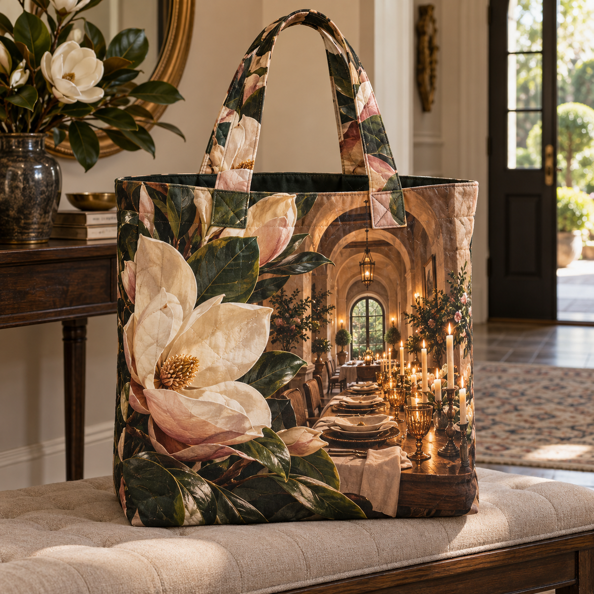 Magnolia Host Gift Quilted Tote Bag with printed optical 3D artwork in its use setting