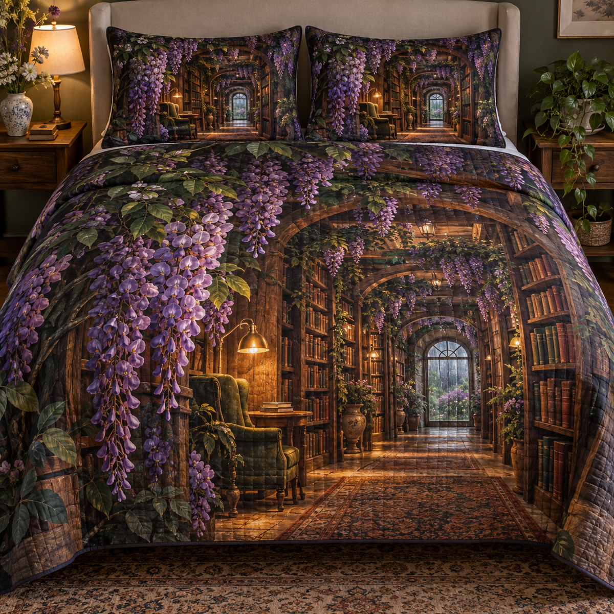 Wisteria Reading Nook Quilted Bedding Set with printed optical 3D artwork in its use setting