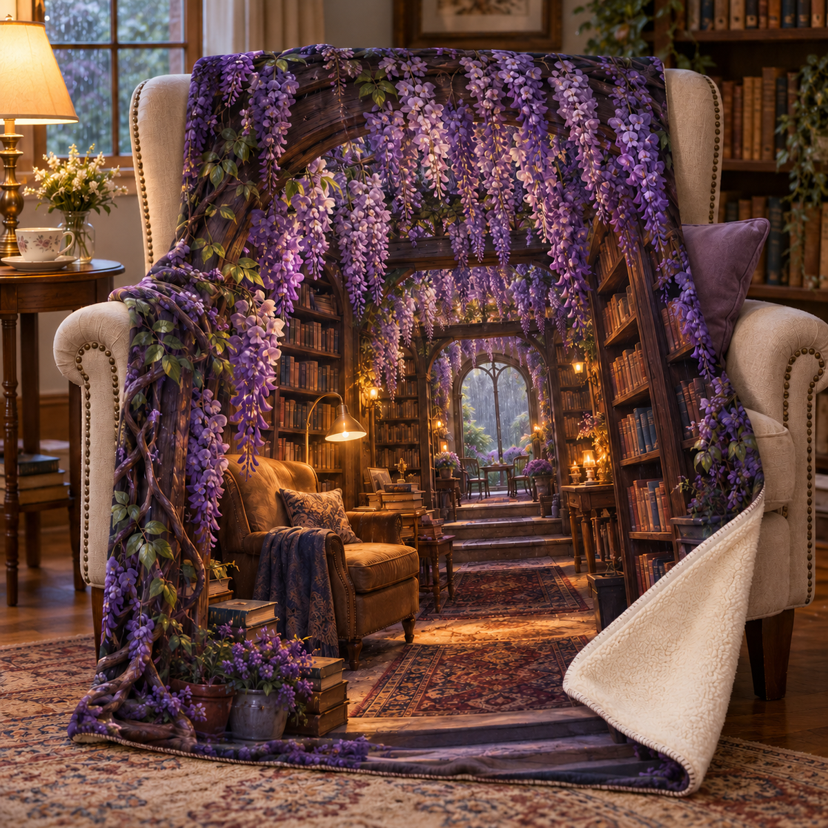 Wisteria Reading Nook Sherpa & Fleece Blanket with printed optical 3D artwork in its use setting