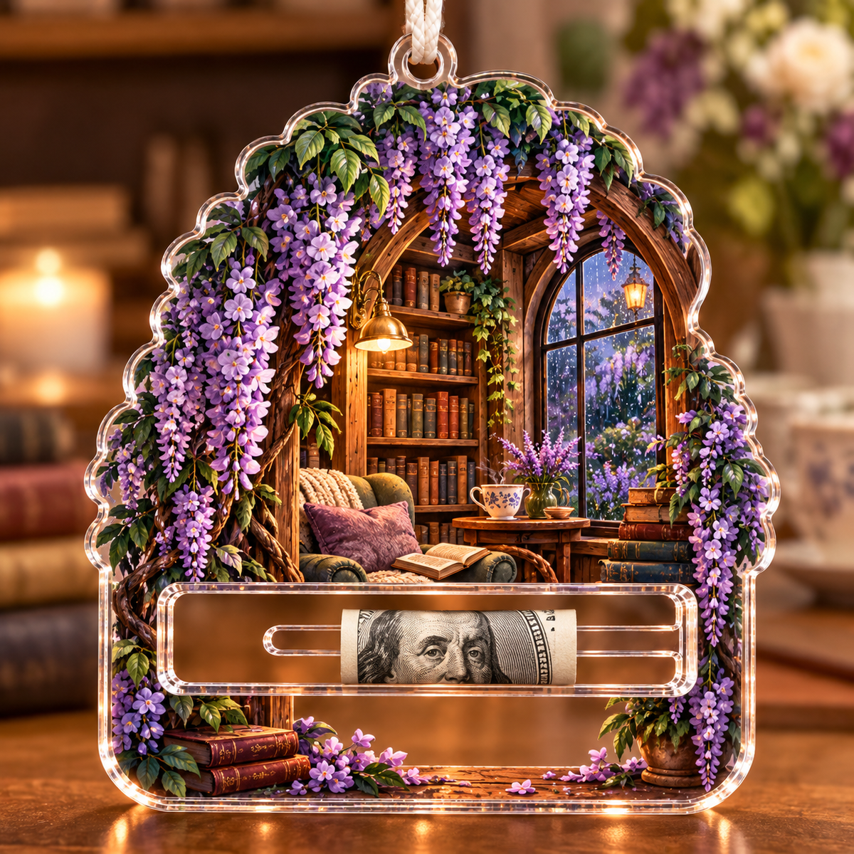 Wisteria Reading Nook Acrylic Cash Holder Ornament with printed optical 3D artwork in its use setting