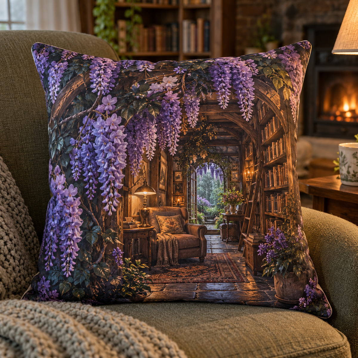 Wisteria Reading Nook Quilted Cushion Cover with printed optical 3D artwork in its use setting