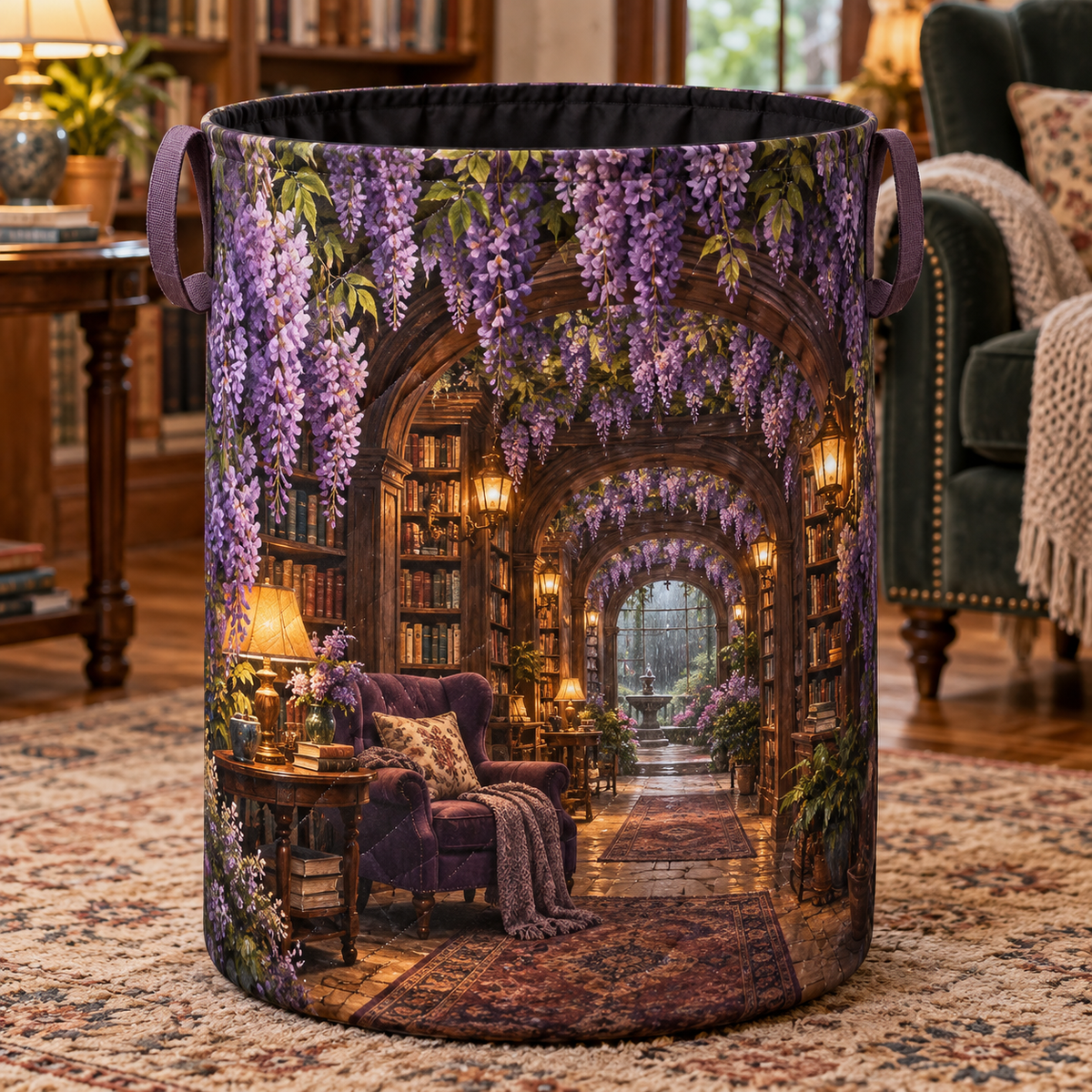 Wisteria Reading Nook Laundry Hamper with printed optical 3D artwork in its use setting