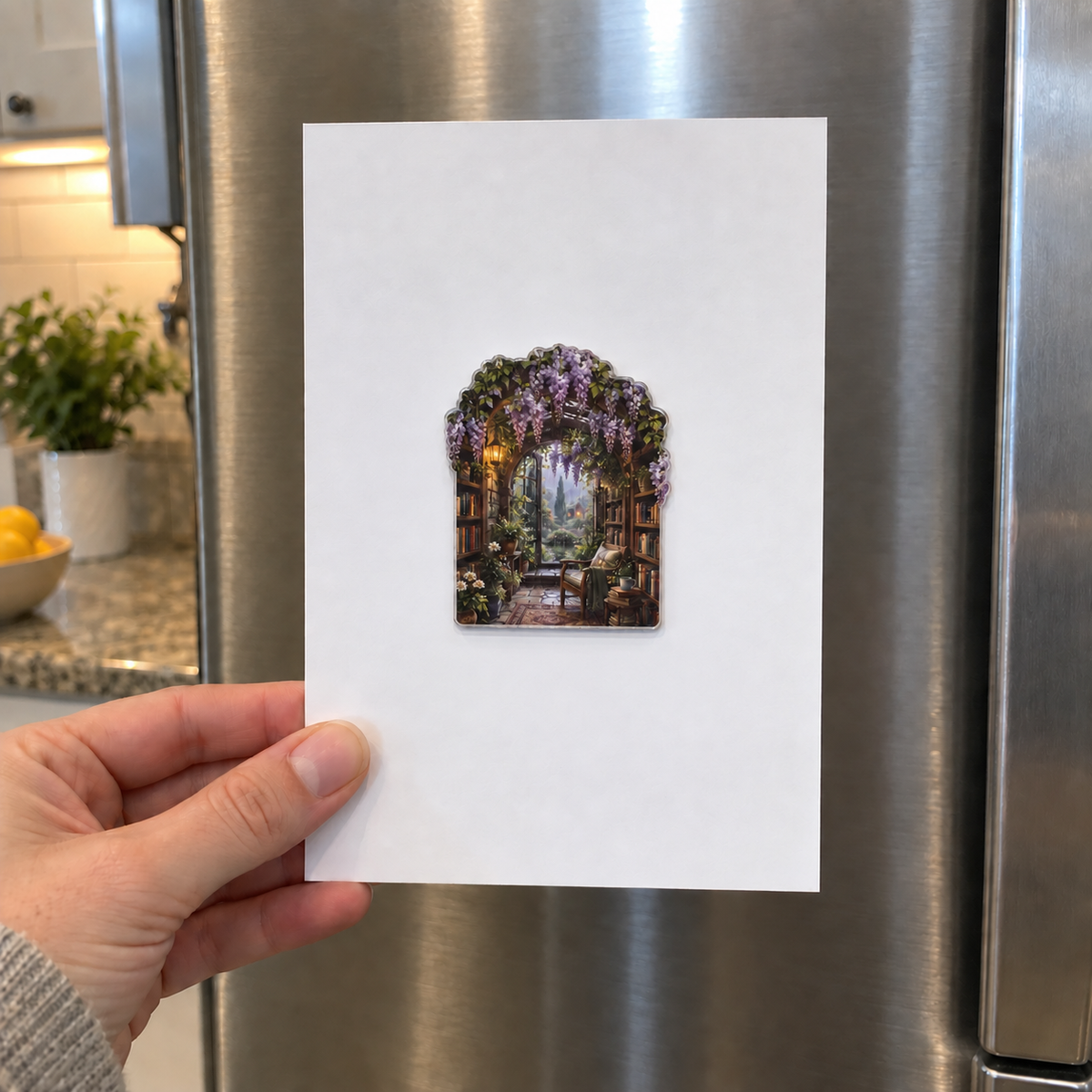 Wisteria Reading Nook Acrylic Refrigerator Magnet with printed optical 3D artwork in its use setting