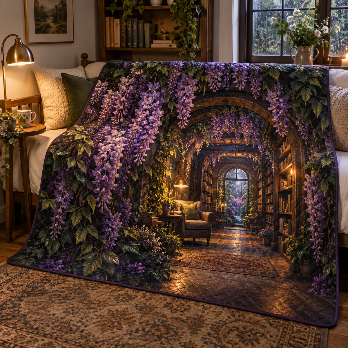 Wisteria Reading Nook Quilt Blanket with printed optical 3D artwork in its use setting