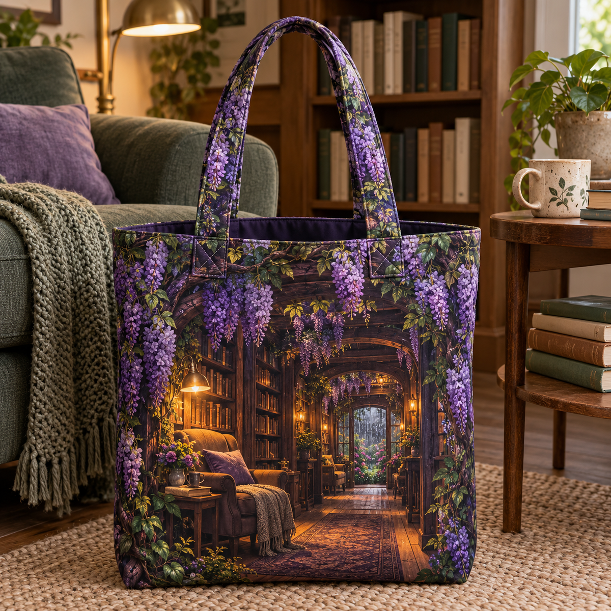 Wisteria Reading Nook Quilted Tote Bag with printed optical 3D artwork in its use setting