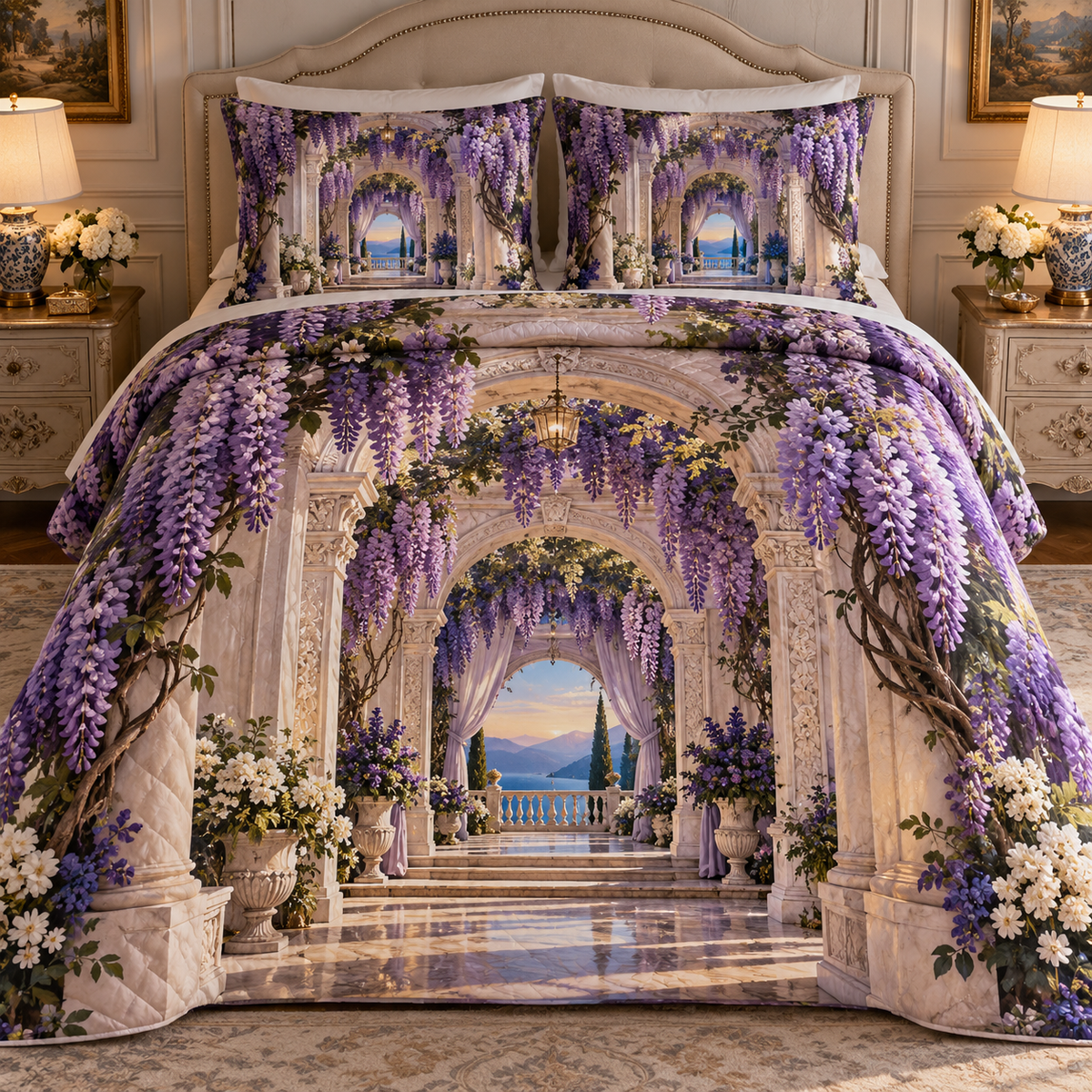 Wisteria Bedroom Arch Quilted Bedding Set with printed optical 3D artwork in its use setting