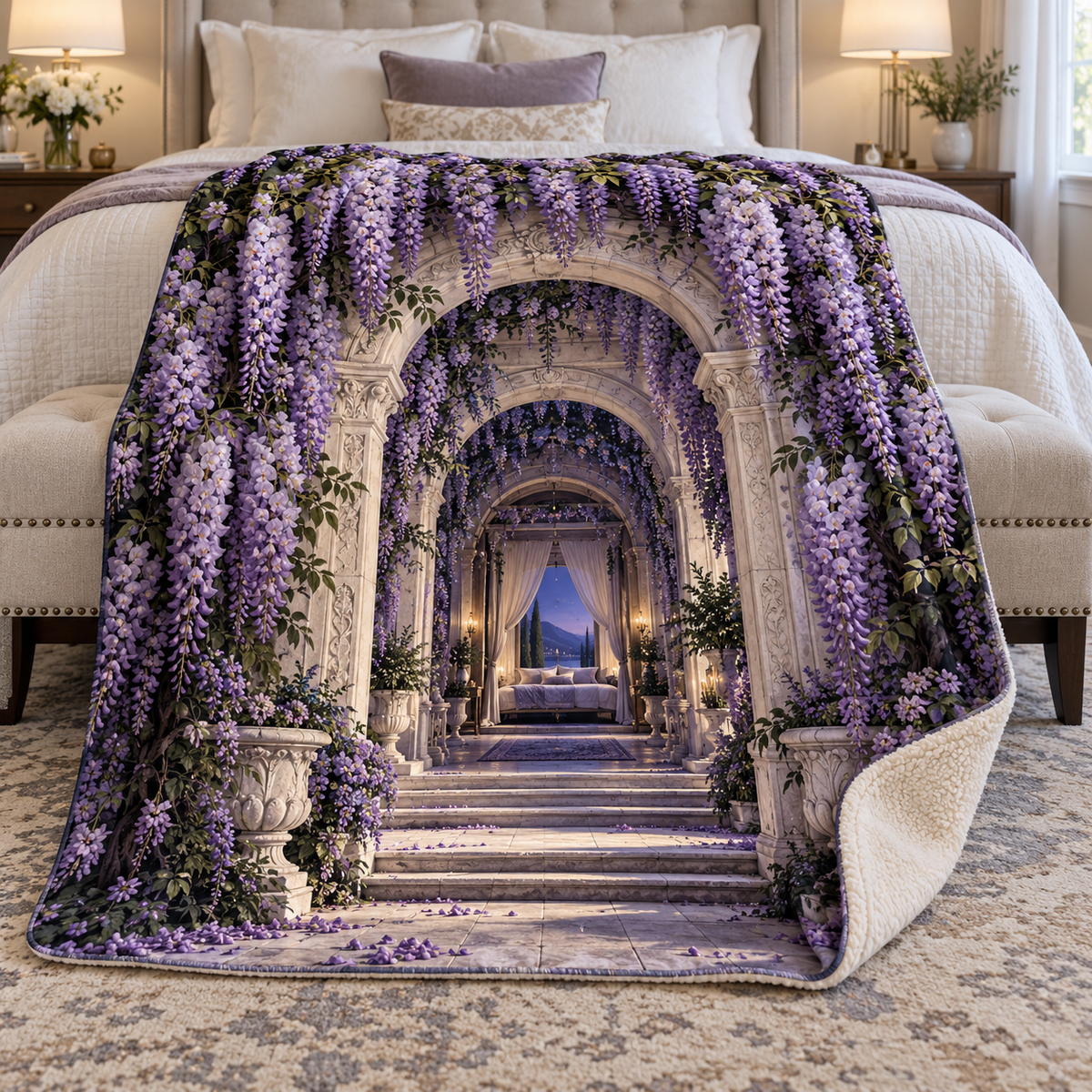 Wisteria Bedroom Arch Sherpa & Fleece Blanket with printed optical 3D artwork in its use setting