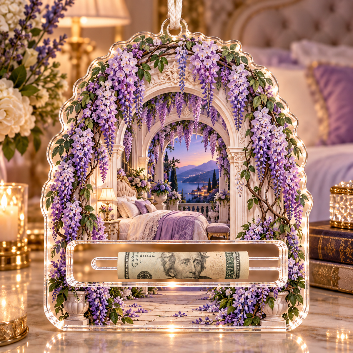 Wisteria Bedroom Arch Acrylic Cash Holder Ornament with printed optical 3D artwork in its use setting