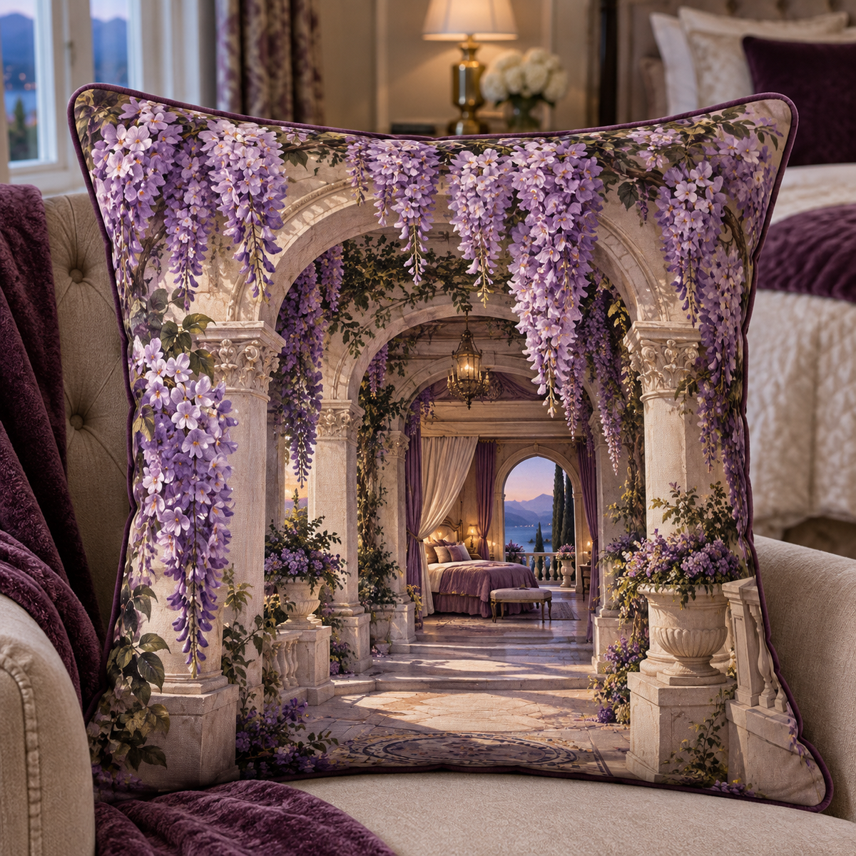 Wisteria Bedroom Arch Quilted Cushion Cover with printed optical 3D artwork in its use setting