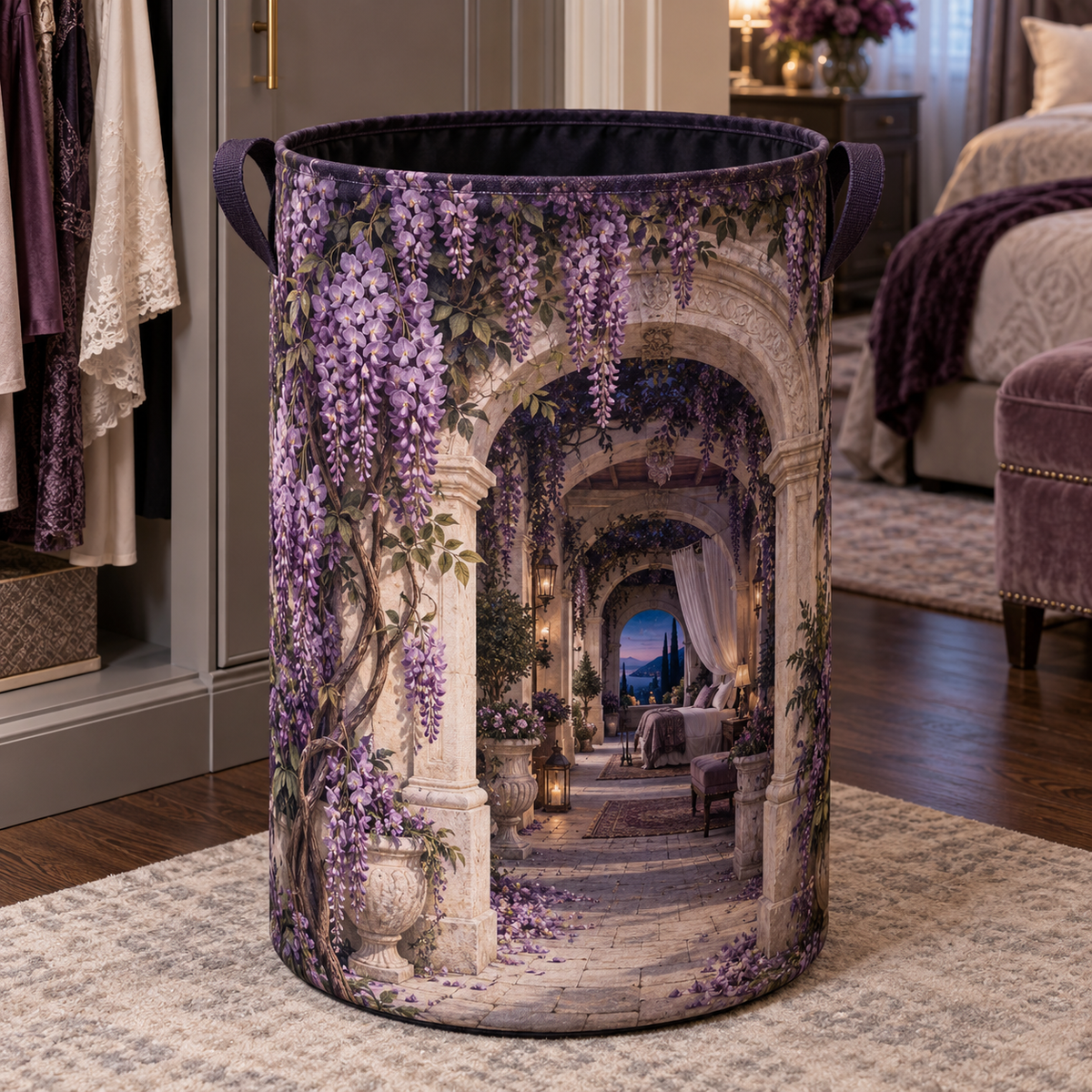 Wisteria Bedroom Arch Laundry Hamper with printed optical 3D artwork in its use setting