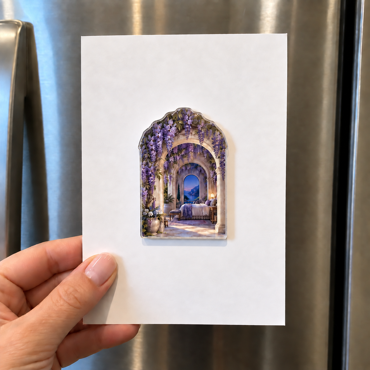 Wisteria Bedroom Arch Acrylic Refrigerator Magnet with printed optical 3D artwork in its use setting