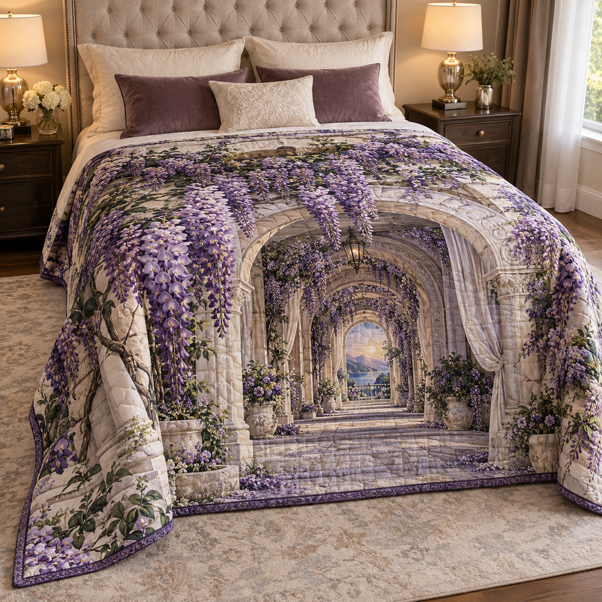 Wisteria Bedroom Arch Quilt Blanket with printed optical 3D artwork in its use setting