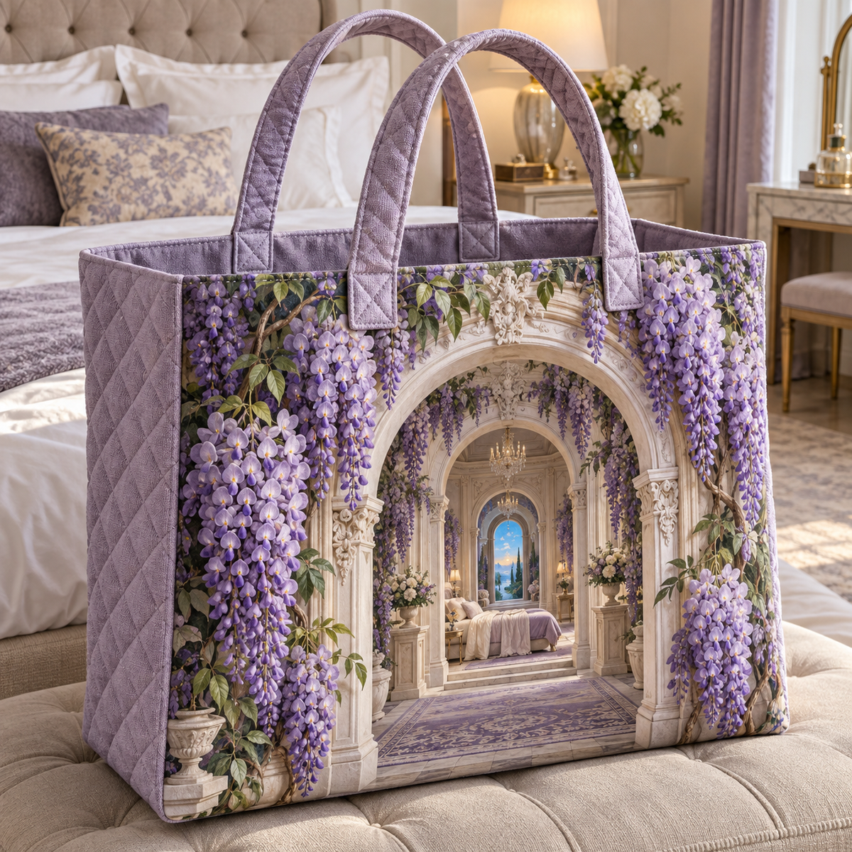 Wisteria Bedroom Arch Quilted Tote Bag with printed optical 3D artwork in its use setting